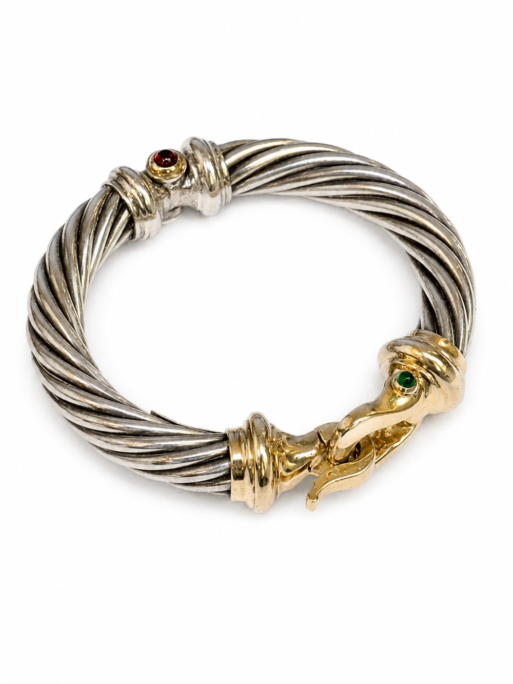 David Yurman Two-Tone Silver and Gold Twisted Cable Bracelet with Green Accent